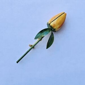 Sandor Co Yellow Green Metal Enamel Flower Brooch Pin Tulip Rose Bud Estate Find